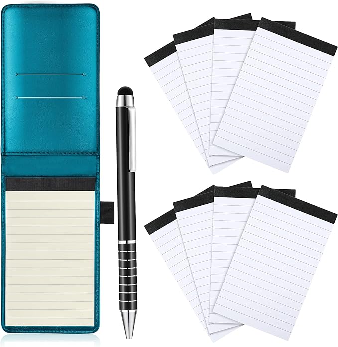 Outus 10 Pcs Mini Pocket Notepad Holder Set Included Small Leather Pocket Notebook Holder with 50 Lined Sheets, Metal Pen, 8 Pcs 3 x 5 Inch Memo Book Refills, 30 Lined Paper Per Note Pad (Sky Blue)