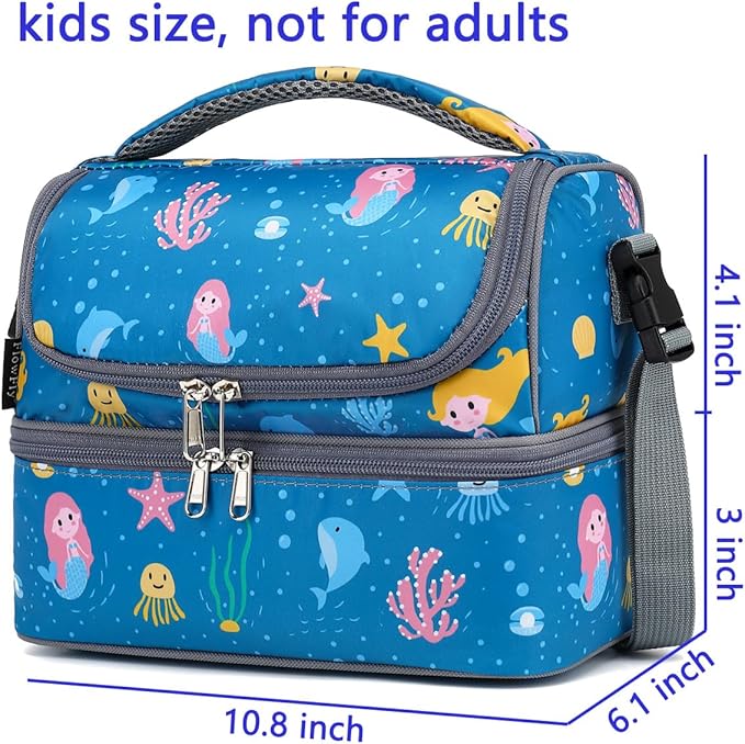 FlowFly Double Decker Cooler Insulated Lunch Bag Large Tote for Boys, Girls, Men, Women, With Adjustable Strap (Blue-Mermaid)