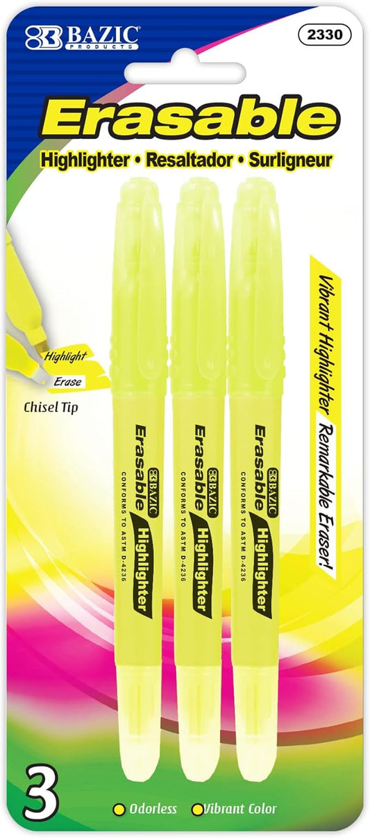 BAZIC PRODUCTS Erasable Highlighter, Chisel Broad Line Fine Point Highlighters, Unscented Highlighting Coloring Erase Marker (3/Pack), 144-Packs
