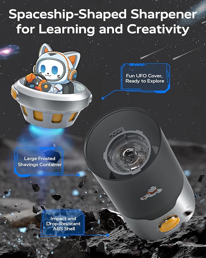 JUPITEARTH Electric Pencil Sharpener for Kids, Hands-Free, Rechargeable, Auto in & Out Spaceship Fully Automatic Pencil Sharpener Fits 6.9-11mm Colored/No.2 Pencils for Classroom Home Office (Black)