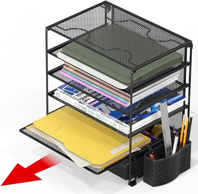 Simple Houseware 5-Tier Document File Tray with Sliding Drawer and Pen Bucket, Black