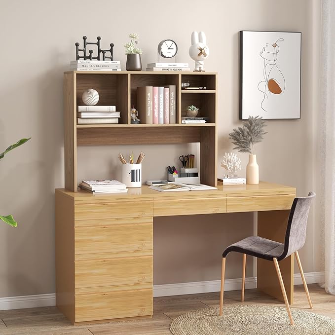 Giantex Desktop Bookshelf, Countertop Storage Hutch with 4 Shelves for Computer Desk, Dressing Tabletop Display Rack, Multipurpose Desk Hutch Storage Organizer for Home Office Dorm, Natural