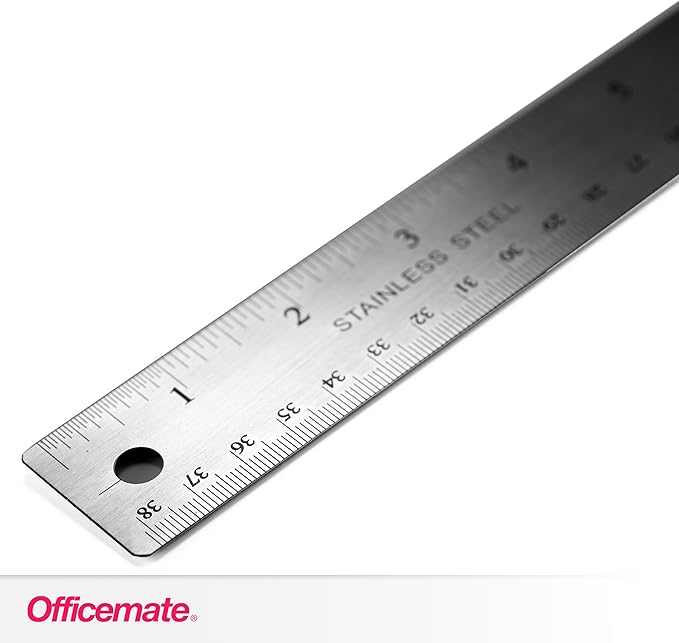 Officemate Classic Stainless Steel Metal Ruler, 15 inches with Metric Measurements, Silver, 15 L x 1.25 W (66612)