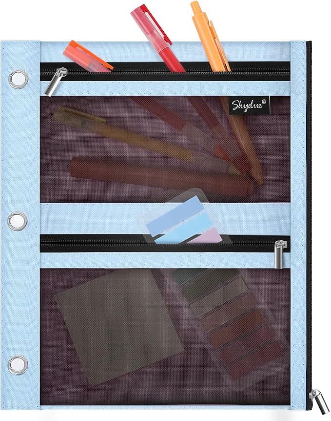 SKYDUE Pencil Pouch for 3 Ring Binder, 3 Pockets and Mesh Window | Zipper Pencil Pouch Pencil Bag with 3 Reinforced Grommets, Durable Organizer for School Supplies, Cables, Earbuds, Makeup