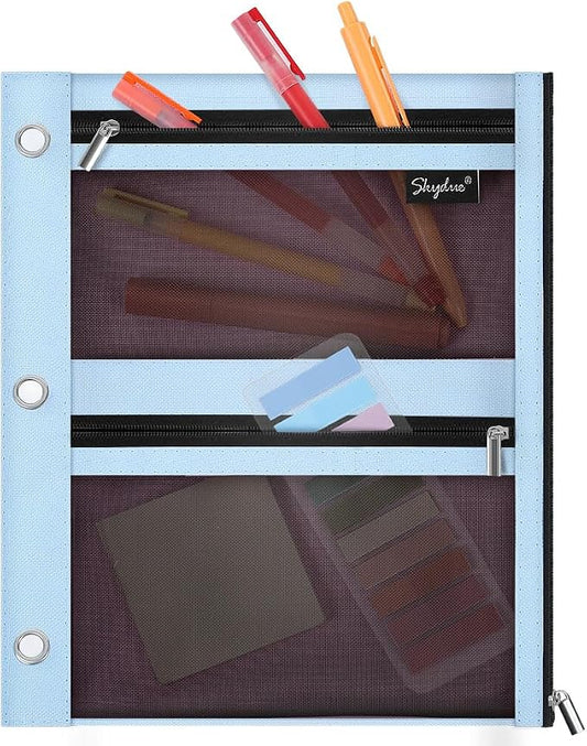 SKYDUE Pencil Pouch for 3 Ring Binder, 3 Pockets and Mesh Window | Zipper Pencil Pouch Pencil Bag with 3 Reinforced Grommets, Durable Organizer for School Supplies, Cables, Earbuds, Makeup