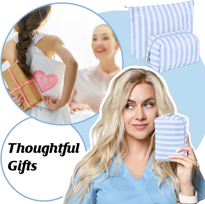 Huhumy 2 Pcs Makeup Bag Set for Women, Blue,Wide Striped Seersucker | Cute Cosmetic Pouch Women Travel Toiletry Bag Preppy Small Makeup Purse Pouch Aesthetic Skincare Brushes Storage Organizer