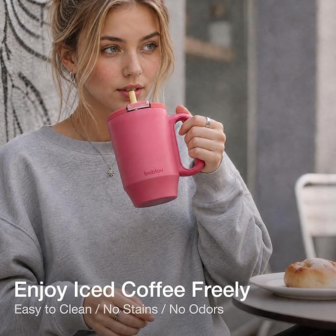 BABLOV 23 oz Ceramic Lined Tumbler with Straw - 316L Stainless Steel Insulated Coffee Tumbler with Lids Handle for Tea,Cold Hot Beverages at Home Office or on the Go Travel Coffee Mugs,Rose Pink