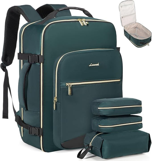 LOVEVOOK Travel Backpack for Women & Men 50L,Airline Approved Carry On Backpack Travel Essentials,TSA Carry on Luggage,Waterproof Personal Item Travel Bag,Suitcase with 3 Packing Cube,Dark green-Black