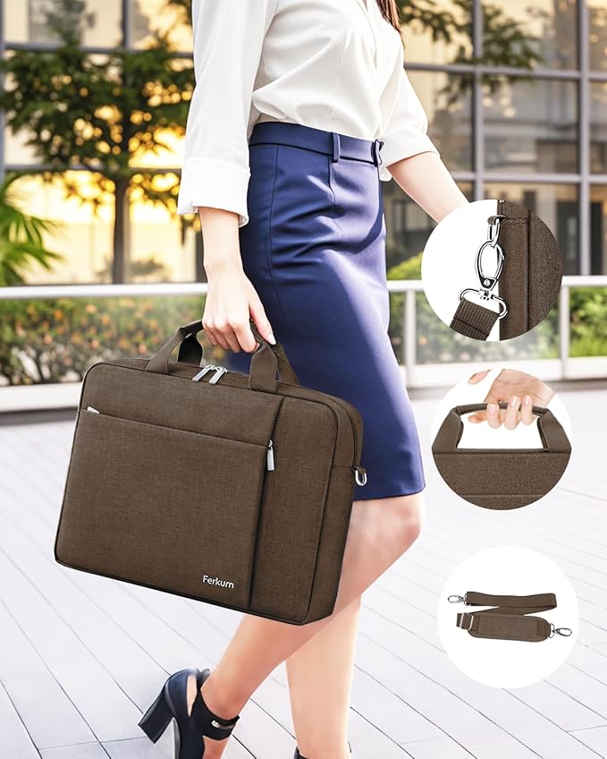 Ferkurn Laptop Bag Case for Women Men Computer Bag Compatible with HP Envy Pavilion Omen/LG Gram/MSI/Dell Inspiron XPS/Lenovo/Acer, Shoulder Strap Carrying Messenger Briefcase, Brown, 15.6 16 Inch