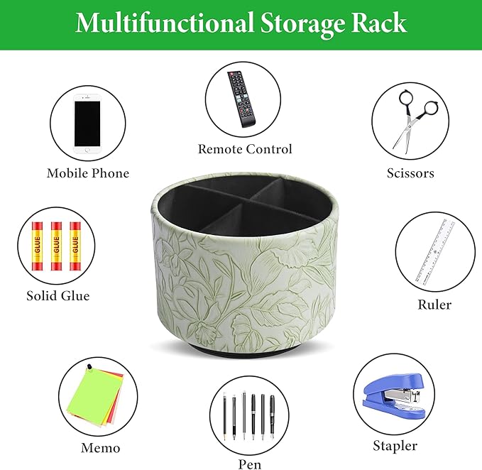 Round Leather Art Supply Organizer,Remote Control Holder,360 Degree Spinning,Multi-Functional Pencil Holder,4 Compartments Desktop Stationary Organizer(1-Carved Green)