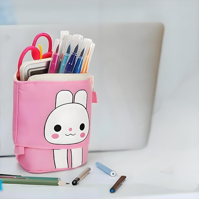 4 Pack Standing Pencil Case, Cute Telescopic Stationary Pouch with Zipper, Kawaii Spacious Pop Up Bag Portable Canvas Makeup Holder for Pens, Cosmetics, Office Supplies