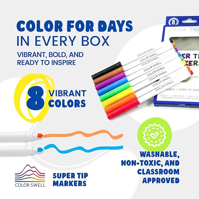 Color Swell Washable Bulk Markers Pack 36 Boxes of 8 Vibrant Colors Each (288 Total Super Tip Markers) for Classrooms, Parties, Donations, Home