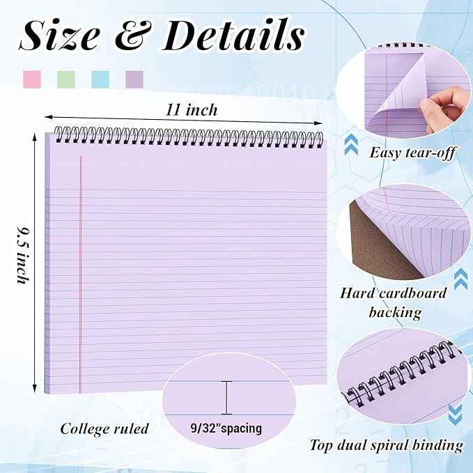 MotiMind 4 Pcs Legal Pads Landscape Notebooks Hole Punched Top Spiral Bound Notebooks 11 x 9.5 Inch College Ruled Drawing Notepad Tear Line for Removal 50 Sheet Office Steno Book(Multicolor)
