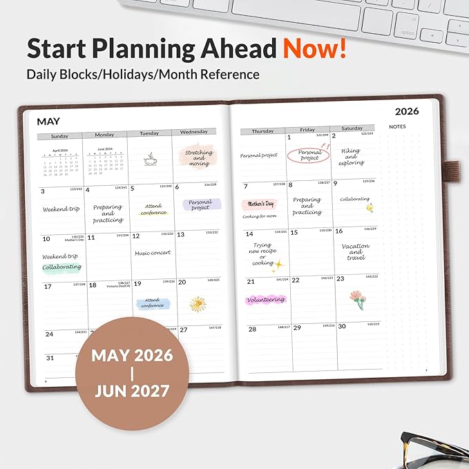 SUNEE 2026-2027 Weekly & Monthly Hardcover Planner 5.5" x 8.3" - 12 Month (July 2026 - June 2027), Small Academic Year Calendar Planner, Pocket, Notes, 100 GSM Paper, Brown