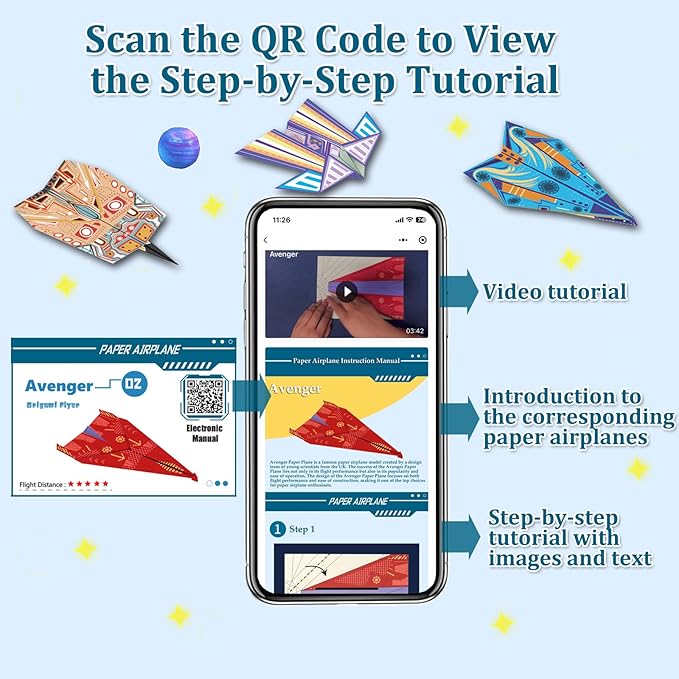 Paper Airplane Kits with 16 Classic Designs, 32 Sheets of Colorful Origami Paper, World Record Paper Planes, Craft Kit for Kids, Airplane Gifts for Boys and Girls Ages 6-12+ (Digital Manual Only)