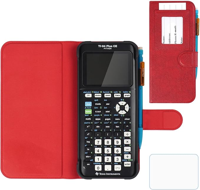 YouKnow PU Leather Protective Case Compatible with Texas Instruments TI-84 Plus CE Color Graphing Calculator with ID Card Slot (Only Case) (Red)