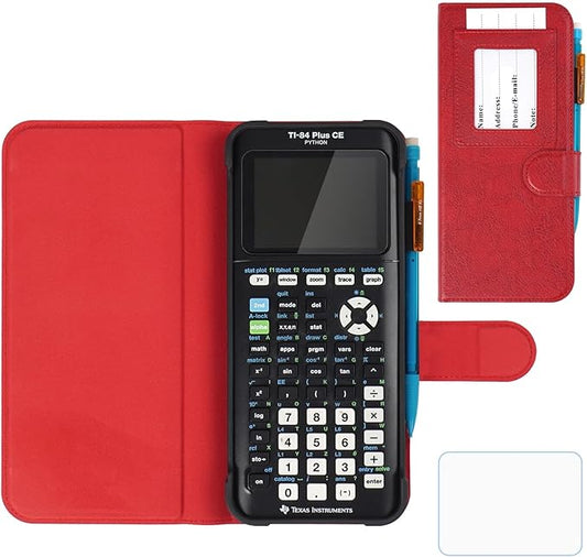 YouKnow PU Leather Protective Case Compatible with Texas Instruments TI-84 Plus CE Color Graphing Calculator with ID Card Slot (Only Case) (Red)