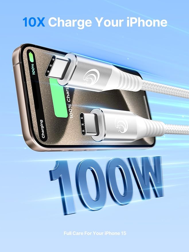 USBC to USBC 100W [10ft/2 Pack] USB C to USB C Fast Charging Cable Braided C to C Charger Cord 5A for MacBook Pro/Air, iPhone 15 Pro Max Plus,iPad Pro,Samsung Galaxy S24 Ultra S23,Pixel,PS5,Switch