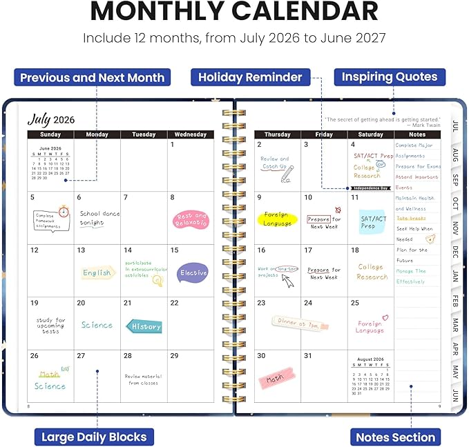 Planner 2026-2027, Monthly and Weekly Academic Planner July 2026 - June 2027, Hardcover Student Teacher Planning Agenda Calendar Book with Tabs, Perfect for Office School Supplies, A4 (8.5" x 11") - Starry Night