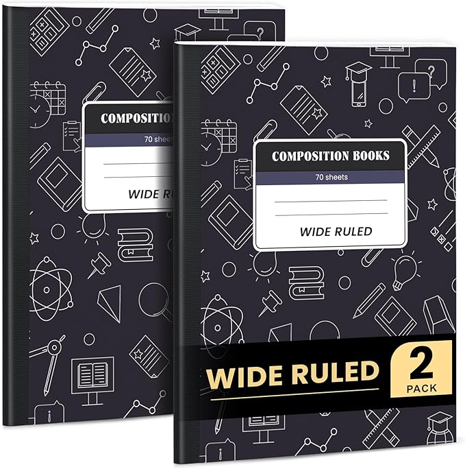 Oucaru Composition Notebook 2 Pack Wide Ruled, Black Cover Notebooks for School, 70 Sheets 7-1/2"x9-3/4, Back to School Supplies Journal for K-12 Students