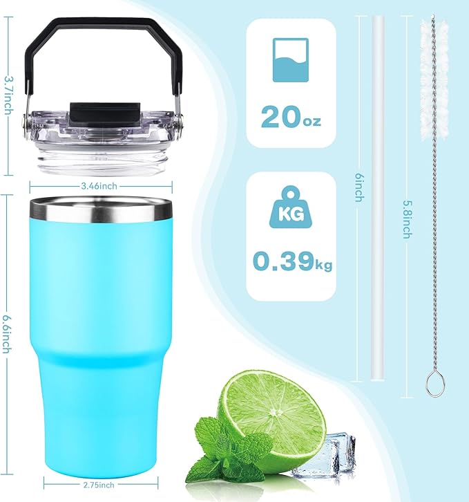 20oz Tumbler with Handle and Flip Straw Lid Double Wall Insulated Travel Coffee Mug Stainless Steel Vacuum Insulated Coffee Tumbler Cup for Hot and Cold Beverages,Leak-proof&BPA-free（20oz,Baby blue）