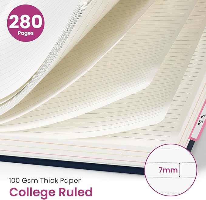 Large Spiral Lined Notebooks for Work with Removable Dividers & Tabs, 8.5"x11" Pretty Hardcover 5 Subject Notebook Journal for Women, College Ruled, Perfect for Study & Office Organization, 280 Pages, Blush Horizon