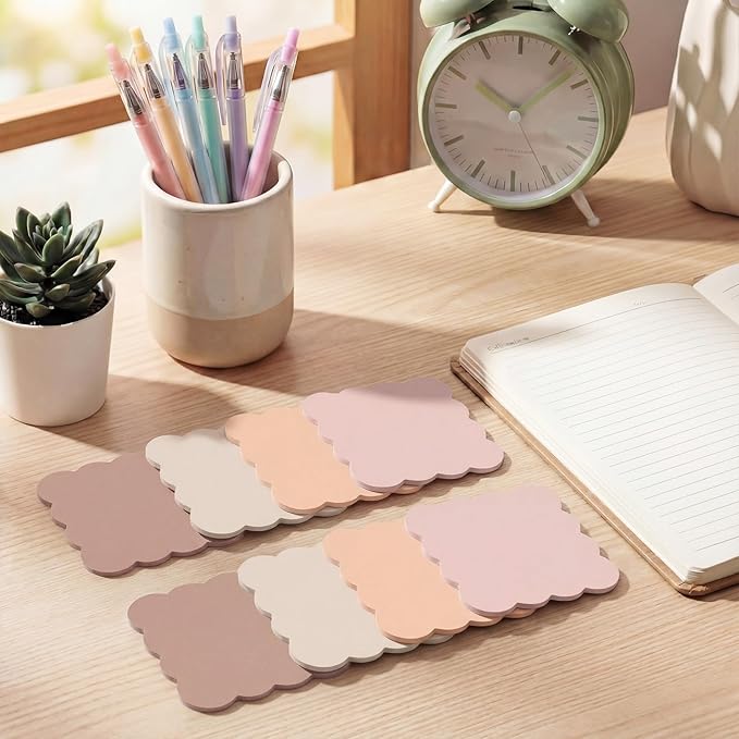 Eaasty 8 Pack Scalloped Aesthetic Sticky Notes Bulk Brown Colors Cute Wavy Self Sticky Note Pads 3" x 3" Blank Note Pads for Back to School Office Supplies 240 Sheets