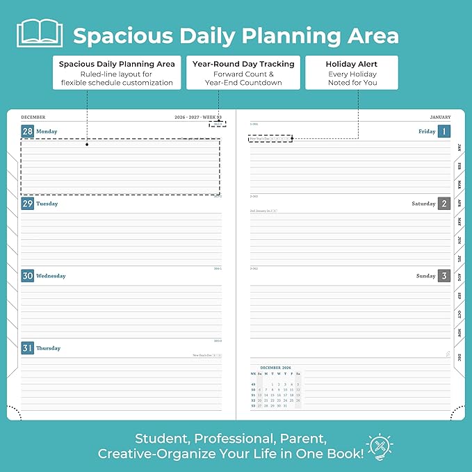 Planner 2026-2027 Daily Weekly and Monthly,11.5"x8.5",18 Months Spiral Bound Calendar Agenda with Self-adhesive Pen Holder,2026 Academic Plan with Vegan Leather Soft Cover,Light Blue