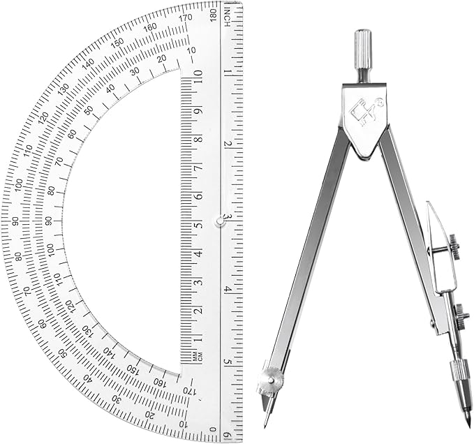 Students Geometry Math Set, Drawing Compass and 6 Inch Transparent Swing arm Protractor 180 Degree Math Protractor (Transparent)