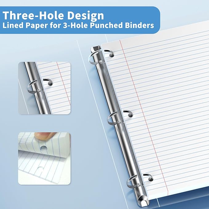 130 Sheets Loose Leaf Paper College Ruled Notebook Paper 8 x 10.5 Inch 3-Hole Punched Lined Paper for Binders 8 x 10-1/2 Loose-leaf Paper, White 3 Ring Binder Paper Filler Paper for School Office Home