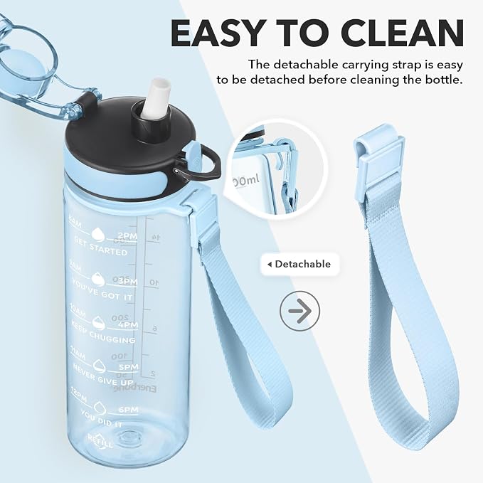 Enerbone Water Bottle, Leakproof BPA & Toxic Free, Motivational Water Bottle with Times to Drink and Straw, Fitness Sports Water Bottle with Strap for Office, Gym, Outdoor Sports
