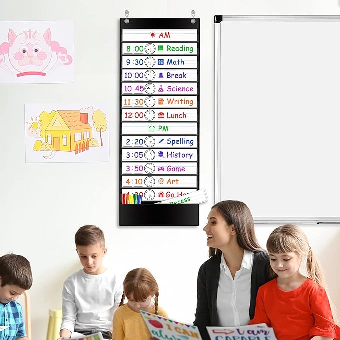 Daily Schedule Pocket Chart, 13+1 Pockets Visual Schedule for Kids, Daily Schedule for Kids, Pocket Chart for Classroom, School, Office or Home, Includes 18 Reusable Dry Eraser Cards and 2 Hooks (BLACK)