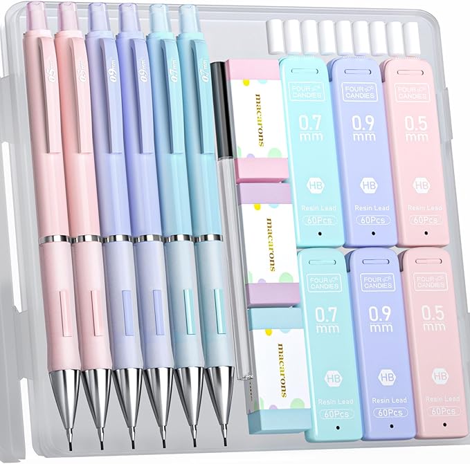 Four Candies 6PCS Cute Mechanical Pencil Set, 0.5mm 0.7mm 0.9mm with 360PCS Lead Refills, Pastel Erasers & Case, Kawaii Aesthetic School Supplies for Versatile Sketching and Student Note-Taking
