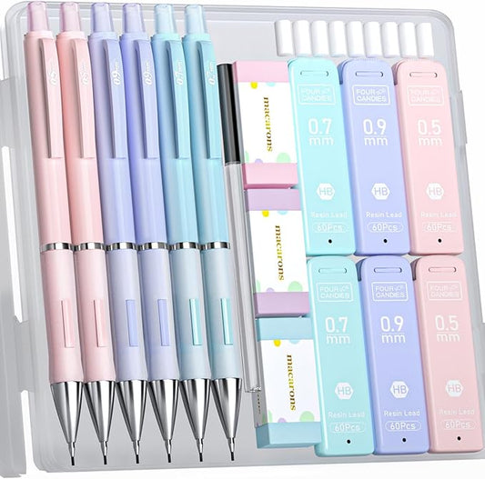 Four Candies 6PCS Cute Mechanical Pencil Set, 0.5mm 0.7mm 0.9mm with 360PCS Lead Refills, Pastel Erasers & Case, Kawaii Aesthetic School Supplies for Versatile Sketching and Student Note-Taking