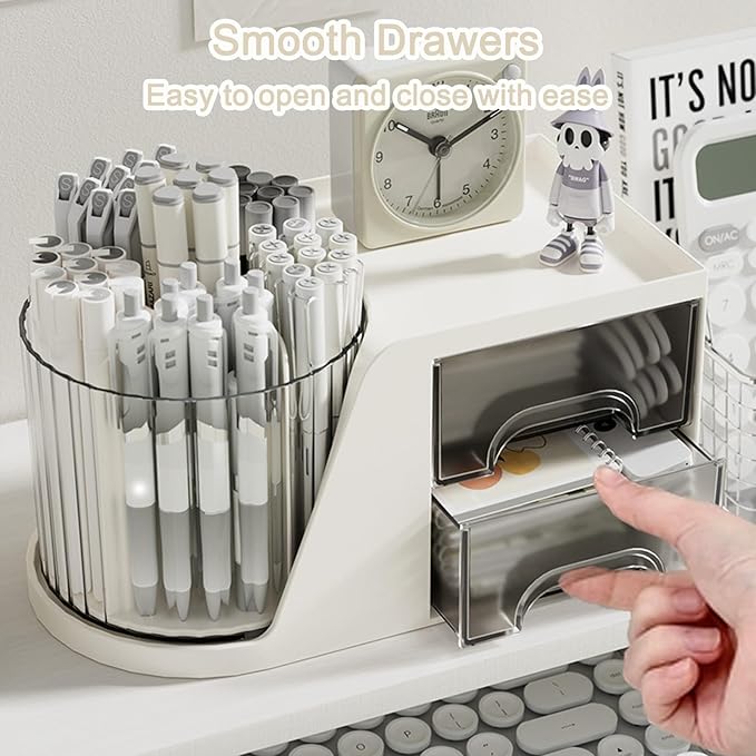 SAYEEC Rotating Desk Organizer with 2 Drawer 6 Slots Multi-Functional Pencil Pen Holder Desktop Makeup Organizer Stationery Accessories Storage Box Caddy for Office School Home Art Supplies (White)