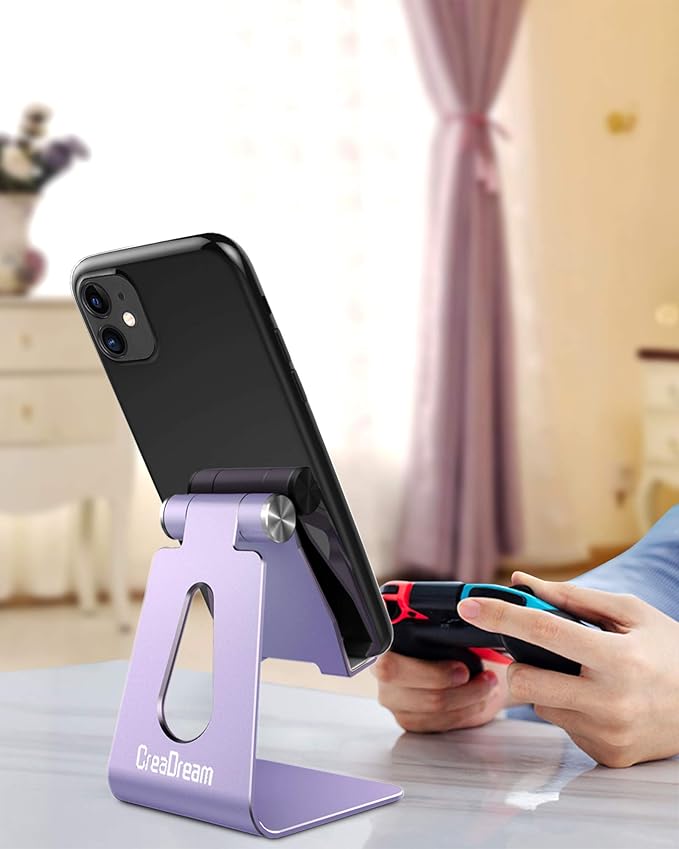CreaDream Adjustable Cell Phone Stand, Phone Stand, Cradle, Dock, Holder, Aluminum Desktop Stand Compatible with Phone 13 12 11 Pro Max Charging, Accessories Desk, All Mobile Phones, Purple