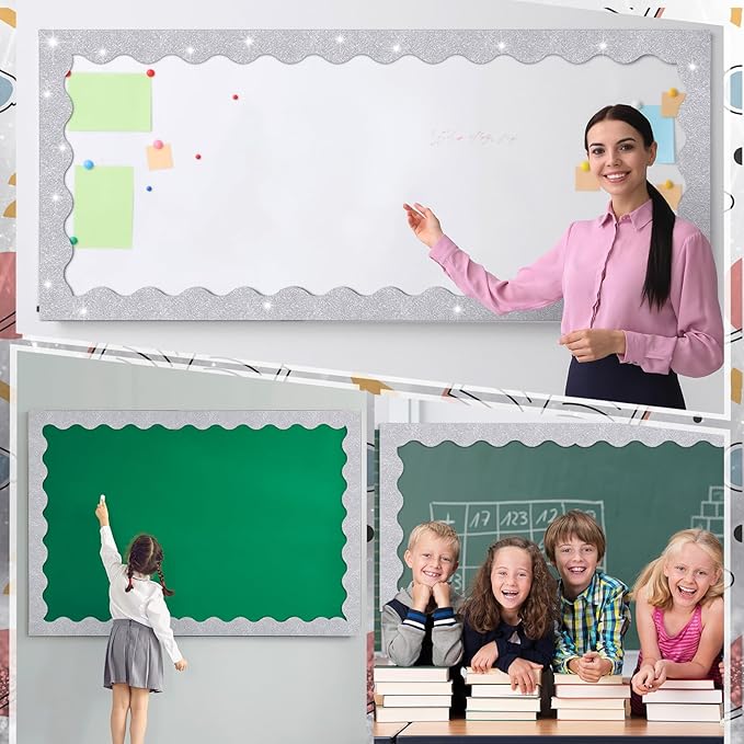 Fuyoooo 49 ft Glitter Magnetic Borders for Classroom, Silver Bulletin Board Borders Magnetic Whiteboard Classroom Strips Reusable Rolled Wall Trim for School Teacher Offices Chalkboard