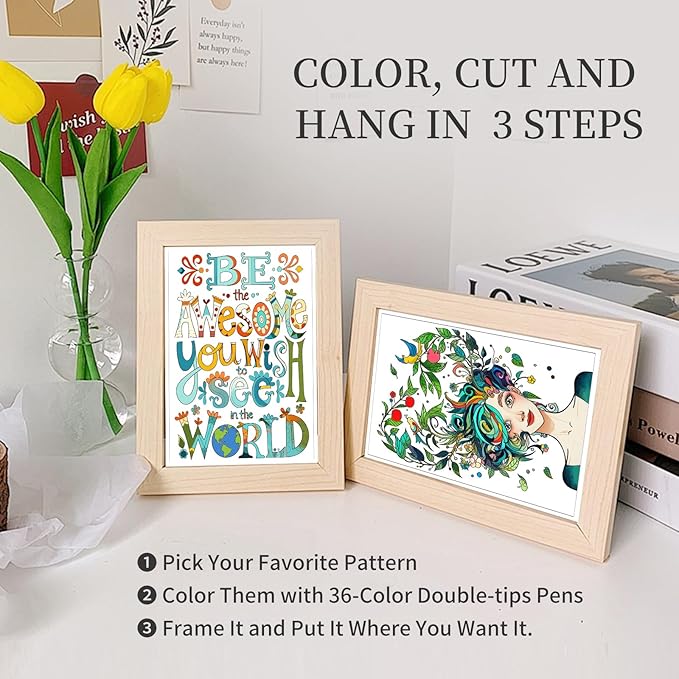 Coloring Books for Adults with 36 Dual-Tip Markers, 30 Patterns Positive Quotes Adult Coloring Book for Adults Relaxation, Calming Gifts for Anxiety and Mindfulness Gifts for Women
