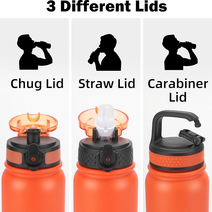 Oldley Insulated Water Bottle 20oz Water Bottles with Straw, Stainless Steel Water Bottle with 3 Lids, Double Wall Vacuum Bottels for Adults School Kids,Leak-Proof Sport Bottles, Ombre Orange-green
