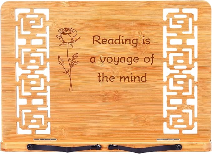 MEGREZ Book Stand for Reading (13.2 x 9.4 inch) Bamboo Cookbook Stand Holder for Kitchen, Adjustable Book Holder Stand for Tablet/Textbook Holder/Hollow Bookrest Stand,Reading is A Voyage of The Mind