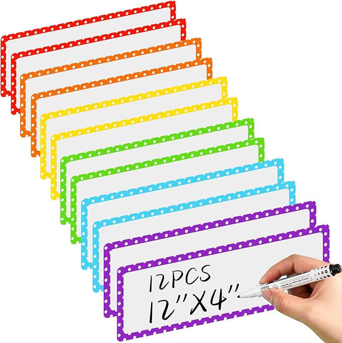 12 Pcs Large Magnetic Dry Erase Labels for Classroom, 12 x 4 Inch Rectangle Magnetic Name Plates Label Flexible Magnet Stickers for Whiteboards Refrigerator(Polka Dot,Style 6)