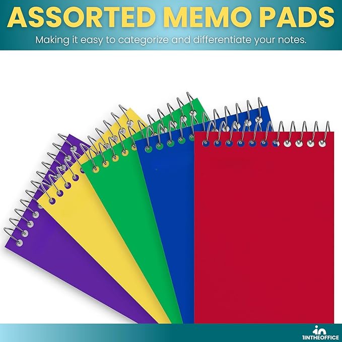 1InTheOffice Wirebound Memo Pads, 4" x 6", College, Assorted, 50 Sheets/Pad, (5 Pads)