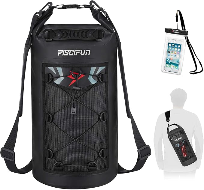 Piscifun Dry Bag, Waterproof Floating Backpack 10L/20L/30L/40L | Waterproof Phone Case, Adjustable shoulder straps, Roll-top closure keeps gear dry, Ideal for Boating, Kayaking, Fishing