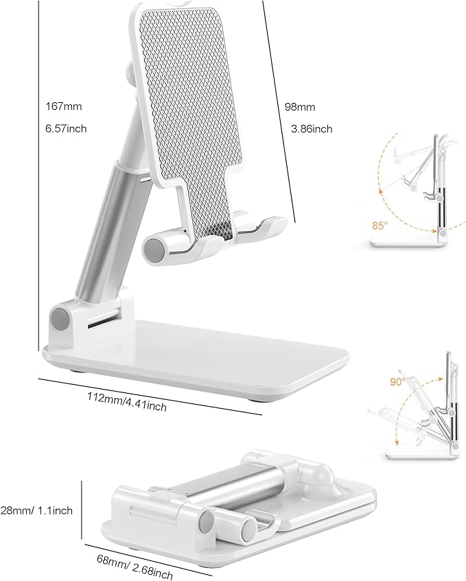 Phone Stand, PhoneHolder for Desk Anti-Slip Cute OfficeAccessories Forldable Cell PhoneHolder Compatible with iPhones, AllMobile Phones, White-Silver, Pro
