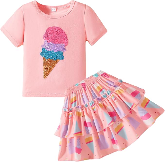Little Girls Skirt Set - 2 Piece Short Sleeve Top Shirred Tiered Skirt Outfit Girls Spring Summer Clothes 3-8 Years