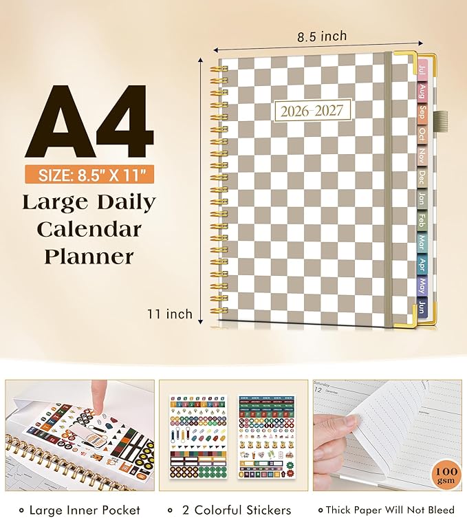 Academic Planner 2026-2027, Hardcover Weekly and Monthly Calendar Planner from July 2026 - June 2027, 8.5" x 11" A4 Large Daily Agenda with Tabs, College School Organizer for Student Teacher, Gingham