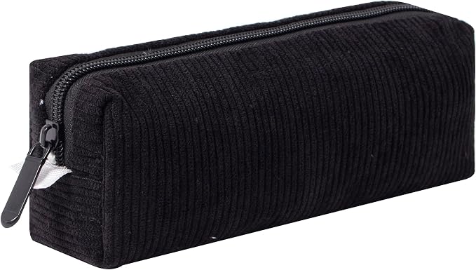 Corduroy Pencil Case for Girls Kids Large Capacity Aesthetic Pen Pouch Makeup Bag Cosmetic Organizer Cute Stationery Storage Bag for School Office Travel Minimalist Pencil Box (Black)