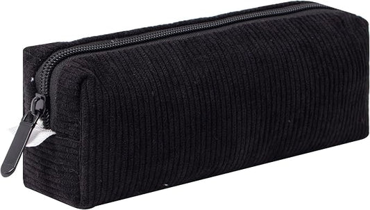 Corduroy Pencil Case for Girls Kids Large Capacity Aesthetic Pen Pouch Makeup Bag Cosmetic Organizer Cute Stationery Storage Bag for School Office Travel Minimalist Pencil Box (Black)