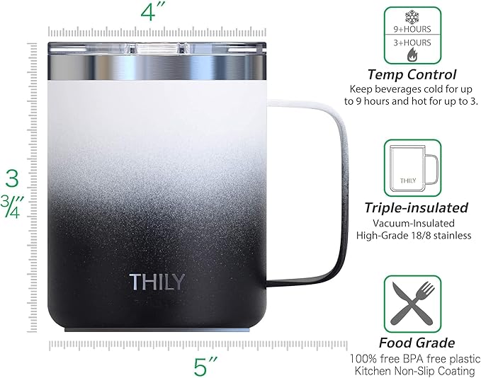 THILY Stainless Steel Insulated Travel Mug 12 oz Vacuum Insulated Coffee Cup with Handle, Spill-proof Lid, Keep Coffee Cold or Hot, Black & White