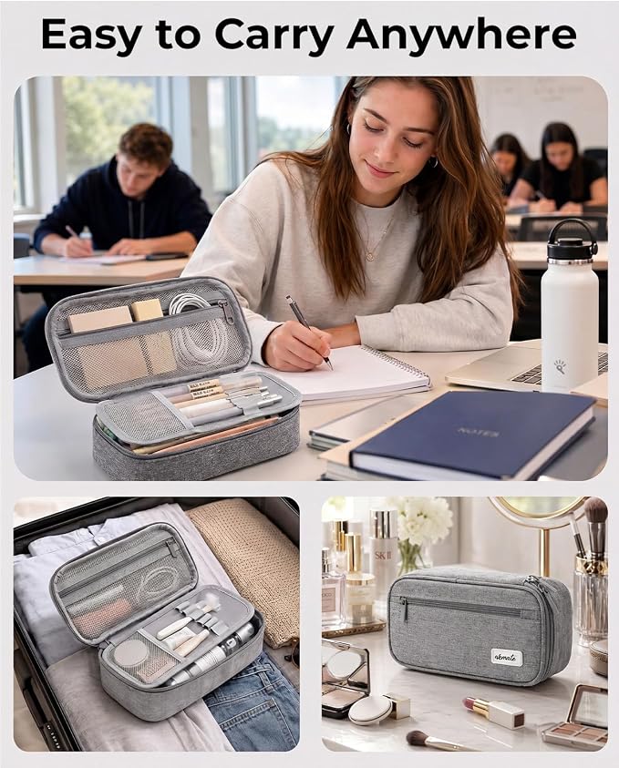 WEMATE Pencil Case, Large Capacity Pencil Pouch, Big Storage Organizer | for Stationery, Zipper Pen Bag, Travel Pen Box, Office Organizer Makeup Bag, for Men Women Light Grey